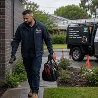 Plumber carrying equipment to a property, Chadstone