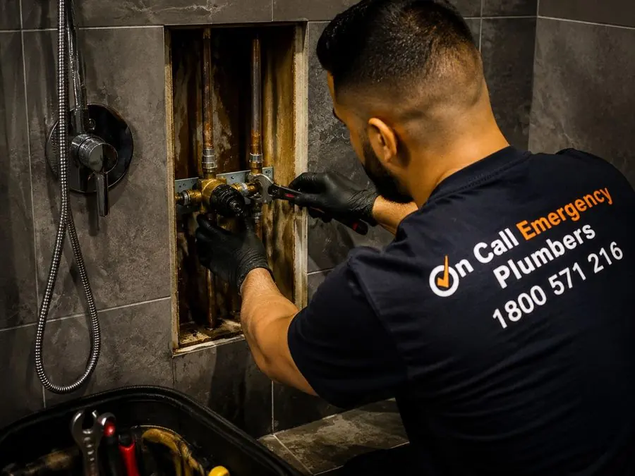 Plumber repairing a shower valve, Chadstone