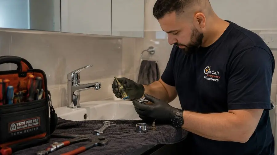 Plumber repairing a bathroom tap, Chadstone