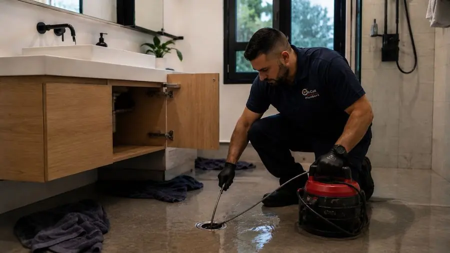 Plumber clearing a blocked bathroom sink, Chadstone
