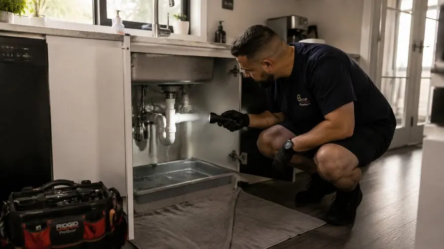 Plumber inspecting pipework beneath a kitchen sink, Chadstone